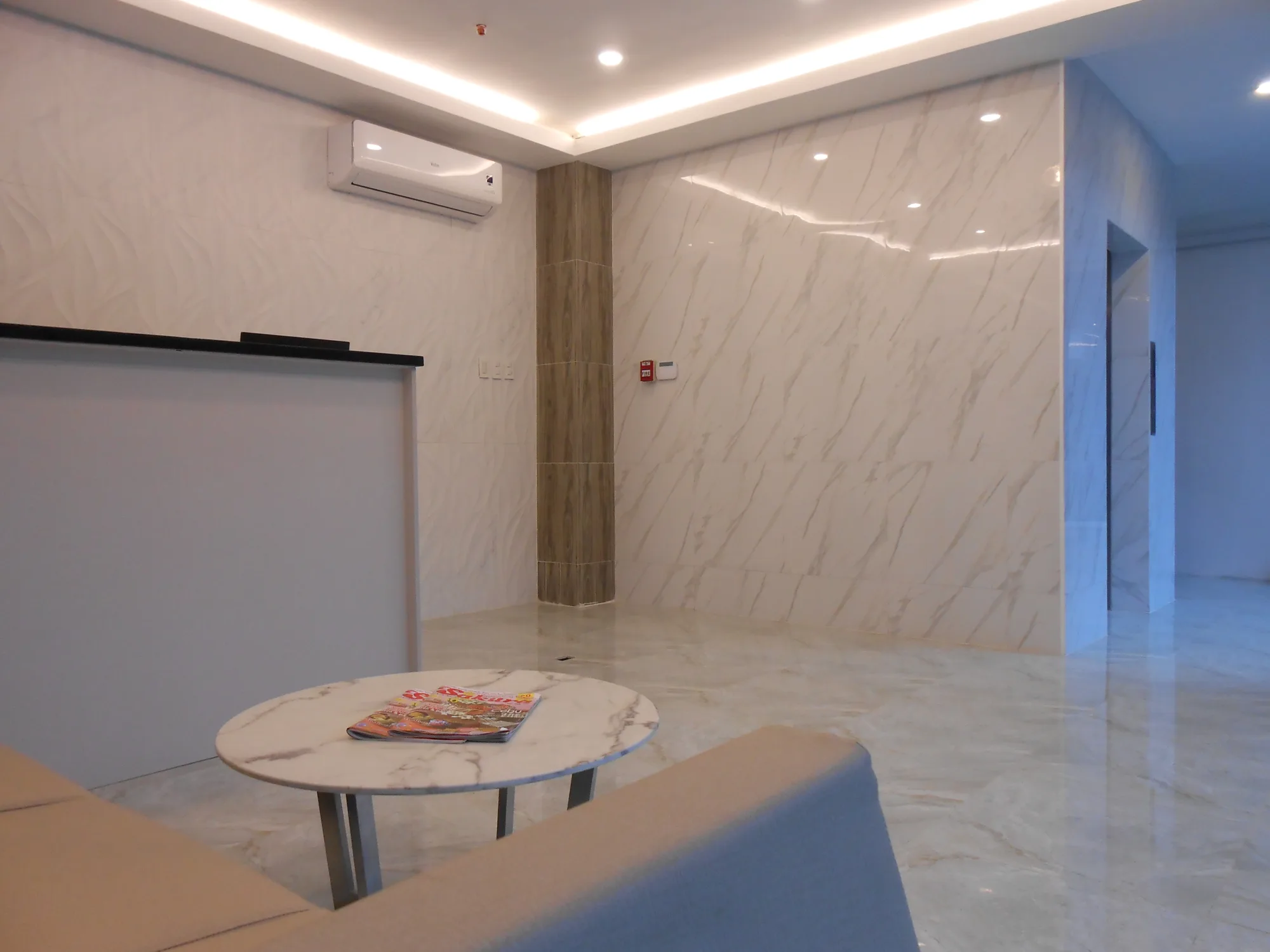 Lobby lounge seating and reception counter